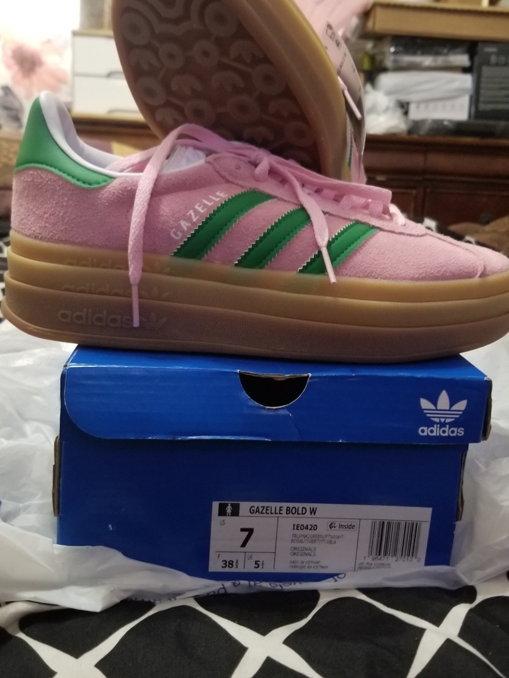 adidas Gazelle Bold W Pink with Green Stripes Kids Sneakers